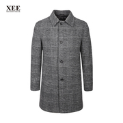 XEE商场同款 男士灰色格纹羊毛混纺商务休闲中长款翻领毛呢大衣暖