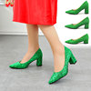 绿色婚鞋新娘鞋粗跟尖头女高跟，绿鞋绒面蕾丝，单鞋结婚鞋舒适上轿鞋