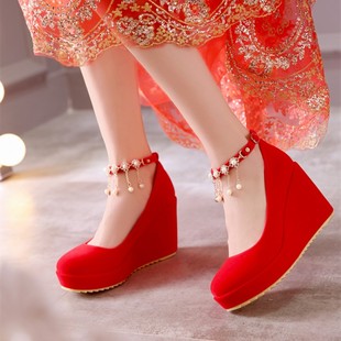 大码41-43春秋防滑孕妇坡跟结婚单鞋高跟女鞋，婚礼中式红色新娘鞋