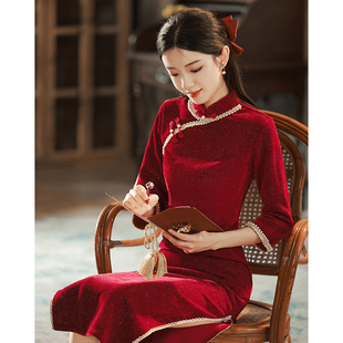 红色旗袍敬酒服秋冬季加绒改良小个子，新中式婚服新娘结婚订婚礼服
