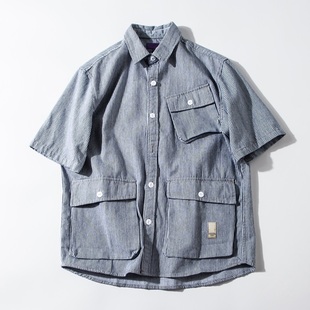 小众稀货日系复古男式条纹，牛津面料工装多口袋短袖休闲衬衫