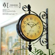 定制欧式铁艺双面挂钟，创意美式两面挂表现代简约客厅家用钟表复古