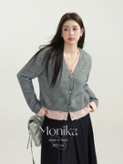 摩妮卡大码针织拼接假两件长袖，衬衫女春季设计感小众显瘦遮肉上衣