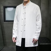 亚麻长袖衬衫中国风秋季棉麻中长款衬衣复古中式唐装大码男士风衣