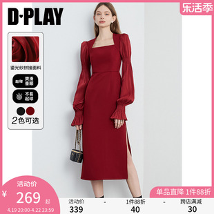 dplay春法式方领红色连衣裙，鎏光纱拼接长袖，连衣裙新年红裙礼服