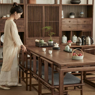 新中式实木茶桌全套茶台禅意，家用茶室家具茶桌，榆木黑胡桃桌椅组合