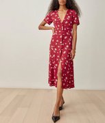 pixiemarket欧美新波西米亚风，长裙款红色，小碎花性感裹身v领连衣裙