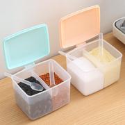 厨房双格调味盒塑料调料罐一体式方形带勺调味品收纳盒烧烤佐料罐