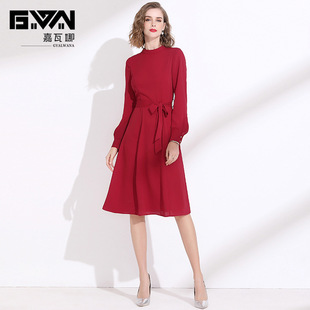 秋季女装2023红色连衣裙，显瘦系带收腰长袖雪纺，裙气质中长款