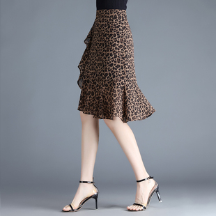 豹纹雪纺半身裙女夏2023高腰不规则荷叶，边一步包臀裙鱼尾短裙