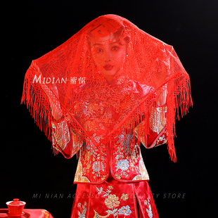 原创红色盖头新娘结婚出门纱头饰中式复古秀禾半透明蕾丝头纱