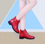 2021春秋季女鞋红色平底女靴子真皮短筒靴纯皮加绒短靴马丁靴