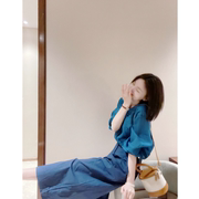 「风格是不可替代的美貌」孔雀蓝长袖衬衫半身裙套装女氛围感美人