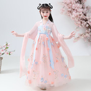 夏季中国风小仙女童大裙摆粉色花朵雪纺古装汉服唐装连衣裙