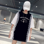 欧货夏季蕾丝黑白拼接t恤女装短袖中长款2021年韩版大码上衣