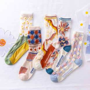 夏季透明镂空白袜蝴蝶结草莓，水晶丝袜花边时尚中筒卡丝棉袜