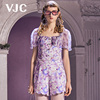 VJC/威杰思2023春夏女装紫色抹胸碎花短袖修身廓形短款上衣