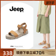 jeep简约厚底松糕凉鞋，女2023夏季一字带坡跟，百搭沙滩罗马凉鞋