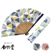日本白竹堂(白竹堂)女和服，浴衣配件几何图案折扇，三角形纯棉夏季扇子包直邮