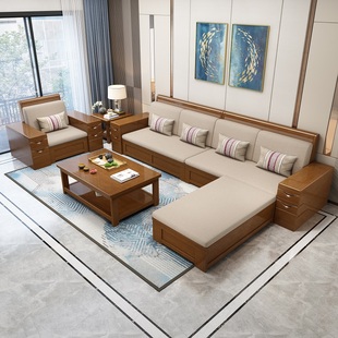 福春然实木沙发胡桃色，高箱储物转角布艺，冬夏两用现代中式客厅家具