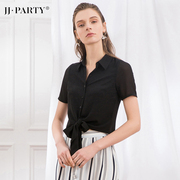 JJparty 黑色衬衫上衣女夏季短袖个性收腰性感女雪纺衬衣薄款