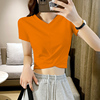 橙色短款t恤女短袖2023年夏季V领半袖上衣潮紧身高腰露肚脐装