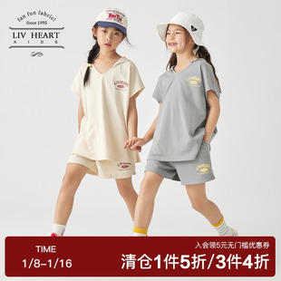 日本livheart儿童无袖带帽t恤套装女大童洋气夏装短裤两件套