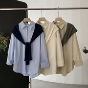 2023秋季套装纯色翻领单排扣长袖中长款衬衫+针织披肩两件套