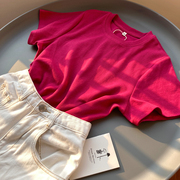 短款螺纹短袖夏季韩版修身玫红色，t恤女圆领纯色正肩高级感上衣服