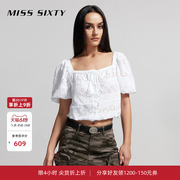 618首降Miss Sixty天丝牛仔衬衫系带方领公主袖白色短上衣