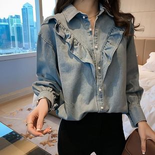 春秋大码女装韩范牛仔衬衫女长袖胖mm减龄衬衣遮肚显瘦新款打底衫
