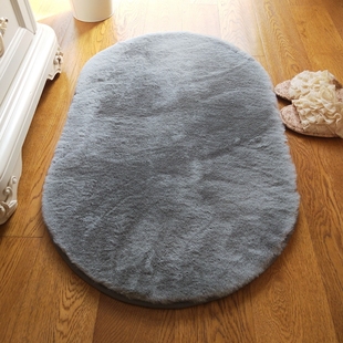 椭圆形纯灰色仿兔毛地垫柔软小脚垫，卧室床边毯飘窗毯机洗定制尺寸