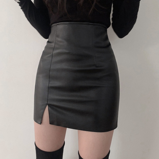 黑色pu皮开叉半身裙，短款女秋冬紧身性感，高腰弹力包臀显瘦一步皮裙