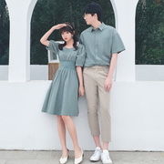 情侣装夏装2023韩版复古女长裙，不一样的气质短袖男衬衫套装