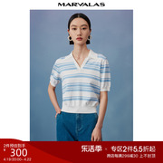 曼德诗Polo领蓝白条纹短款针织T恤2024夏季短袖宽松打底衫女
