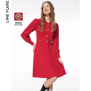 莱茵福莱尔大红色复古泡泡，袖针织连衣裙，翻领2023冬季别致裙子