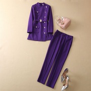 2024春季欧美尖货设计感紫色立领单排扣外套铅笔裤ol通勤两件套女
