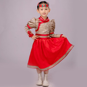 红色儿童女蒙古族长袍民族风连衣公主裙节日蓬蓬裙礼服舞蹈演出服
