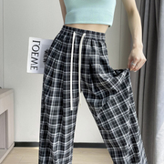 英伦风格子条纹阔腿裤女夏季薄款棉麻松紧高腰复古休闲垂感拖地裤