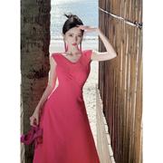 solenelara法式三亚海边度假玫红色荷叶v领连衣裙高级感收腰显瘦