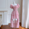 法式宫廷风方领泡泡袖连衣裙仙女，中长裙气质，修身显瘦粉色小礼服
