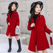 韩国女童冬装中大童时髦洋气，休闲外套女孩，网红炸街加厚红色呢大衣