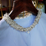 领口珍珠订钻蓝白条纹衬衫女弹力秋季 职业ol风通勤气质长袖上衣