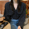 韩国chic小众气质v领撞色波点后背蝴蝶结系带宽松百搭泡泡袖衬衫