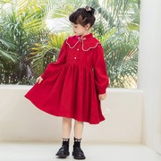新国风(新国风)女童娃娃，领红色连衣裙2023春秋季中大童灯芯绒公主裙子