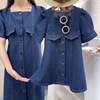 2024韩版夏季女童连衣裙短袖，时尚洋气母女裙方领深蓝色亲子牛仔裙