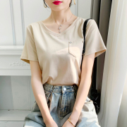 t恤女v领纯色短袖，白色纯棉半袖设计感黑色，宽松显瘦体恤夏装潮