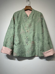 新中式国风亭台楼阁重磅真丝刺绣高级感唐装绿色两面穿外套女日常