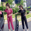 网红天丝麻时尚套装女2023夏季韩版显瘦短袖圆领上衣+哈伦裤