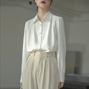 2024春装醋酸女士衬衫长袖上衣职业，设计感气质宽松通勤白衬衣(白衬衣)